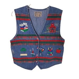 Vintage Tantrum Blues Denim Jean Vest Size Large School Teacher Pencil Buttons